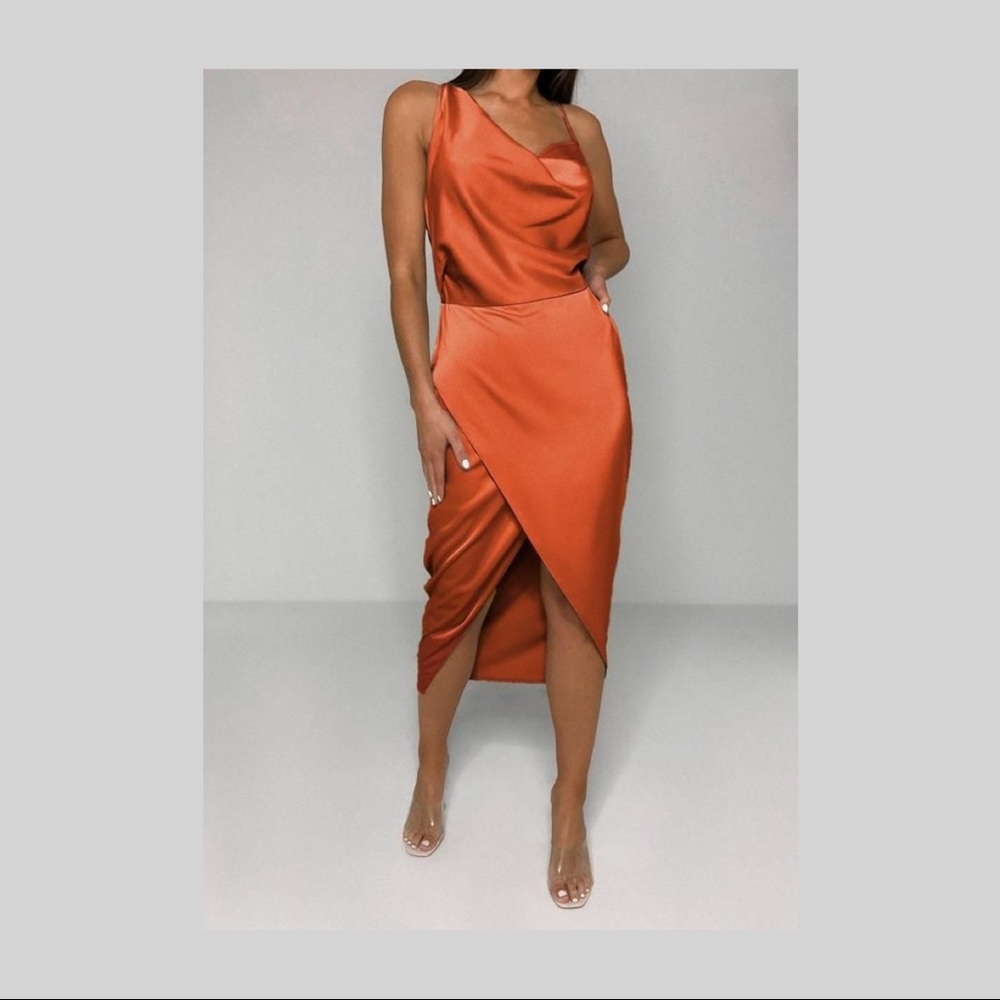 NWT Rust Missguided Asymmetrical Drape Satin Midi Dress